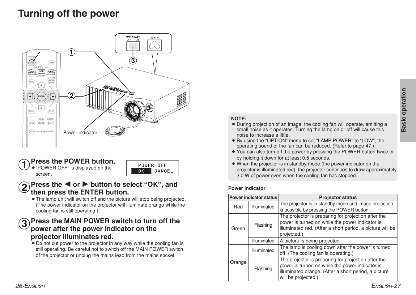Turning off the power | Panasonic PT-AE700 User Manual | Page 14 / 32