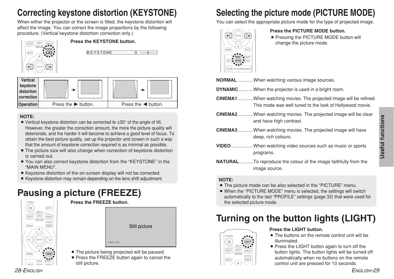 Correcting keystone distortion (keystone), Turning on the button lights (light), Selecting the picture mode (picture mode) | Pausing a picture (freeze) | Panasonic PT-AE700 User Manual | Page 15 / 32