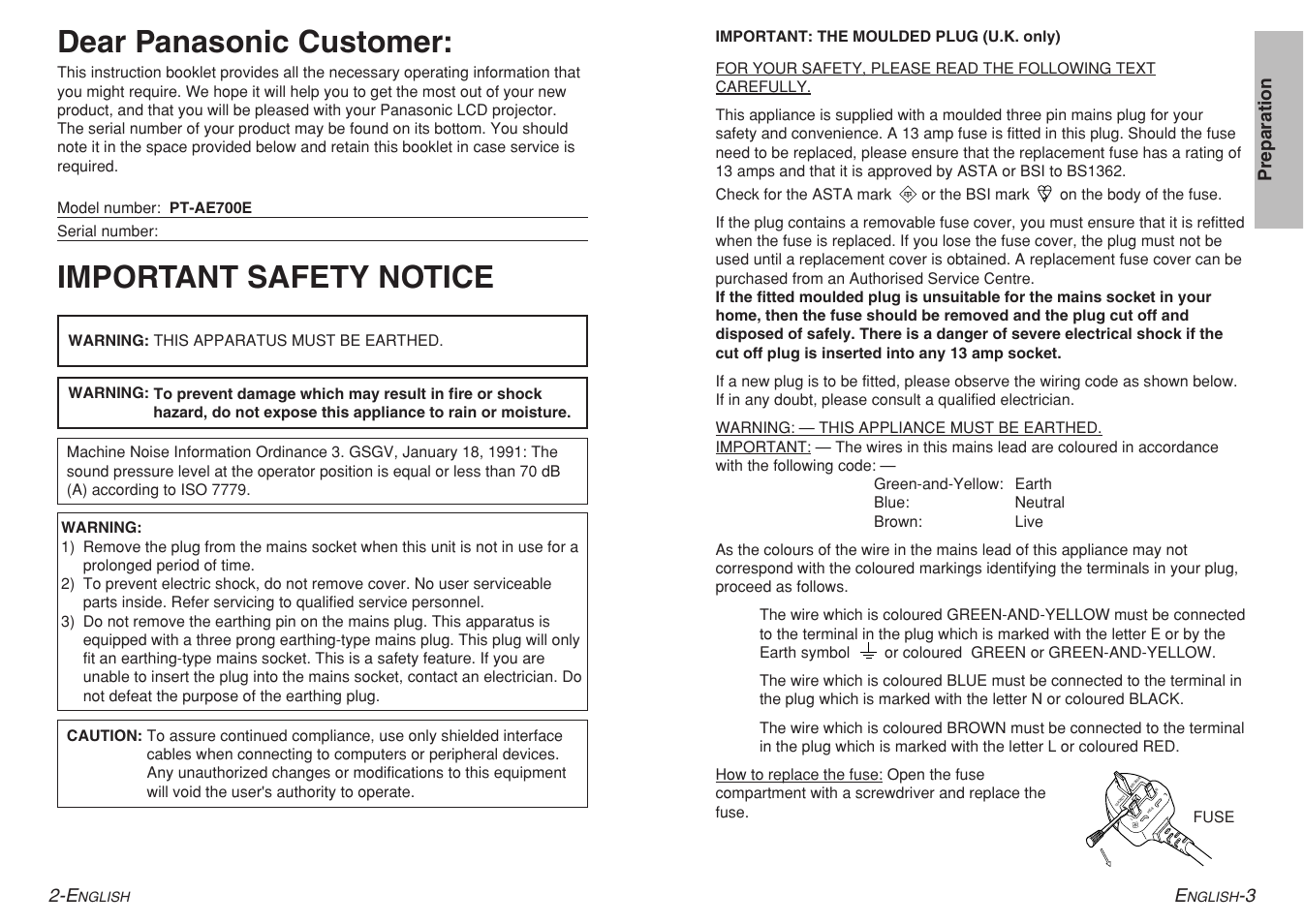 Important safety notice, Dear panasonic customer | Panasonic PT-AE700 User Manual | Page 2 / 32