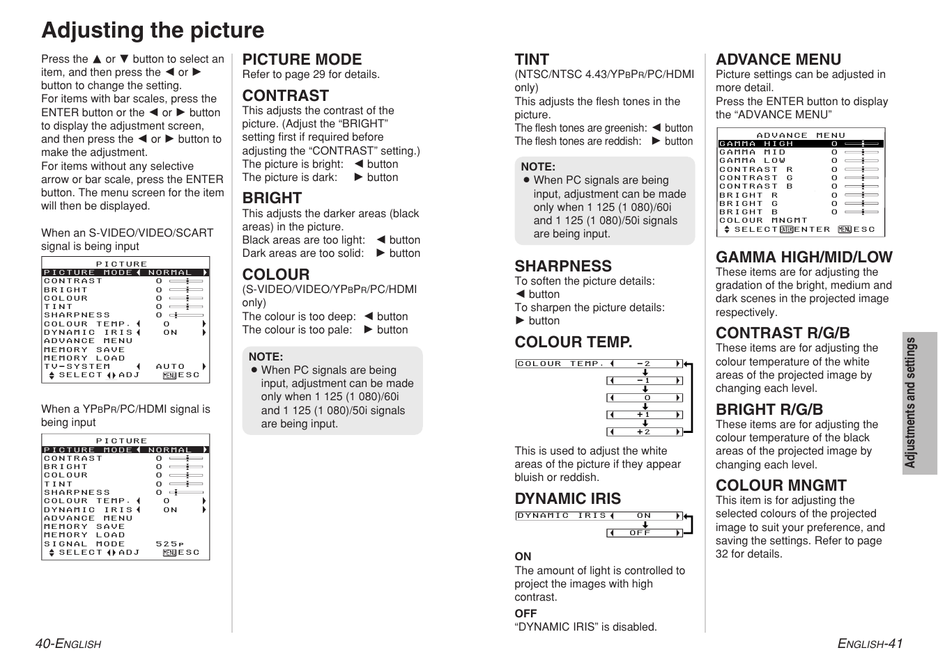 Adjusting the picture, Picture mode, Contrast | Bright, Colour, Tint, Sharpness, Colour temp, Dynamic iris, Advance menu | Panasonic PT-AE700 User Manual | Page 21 / 32