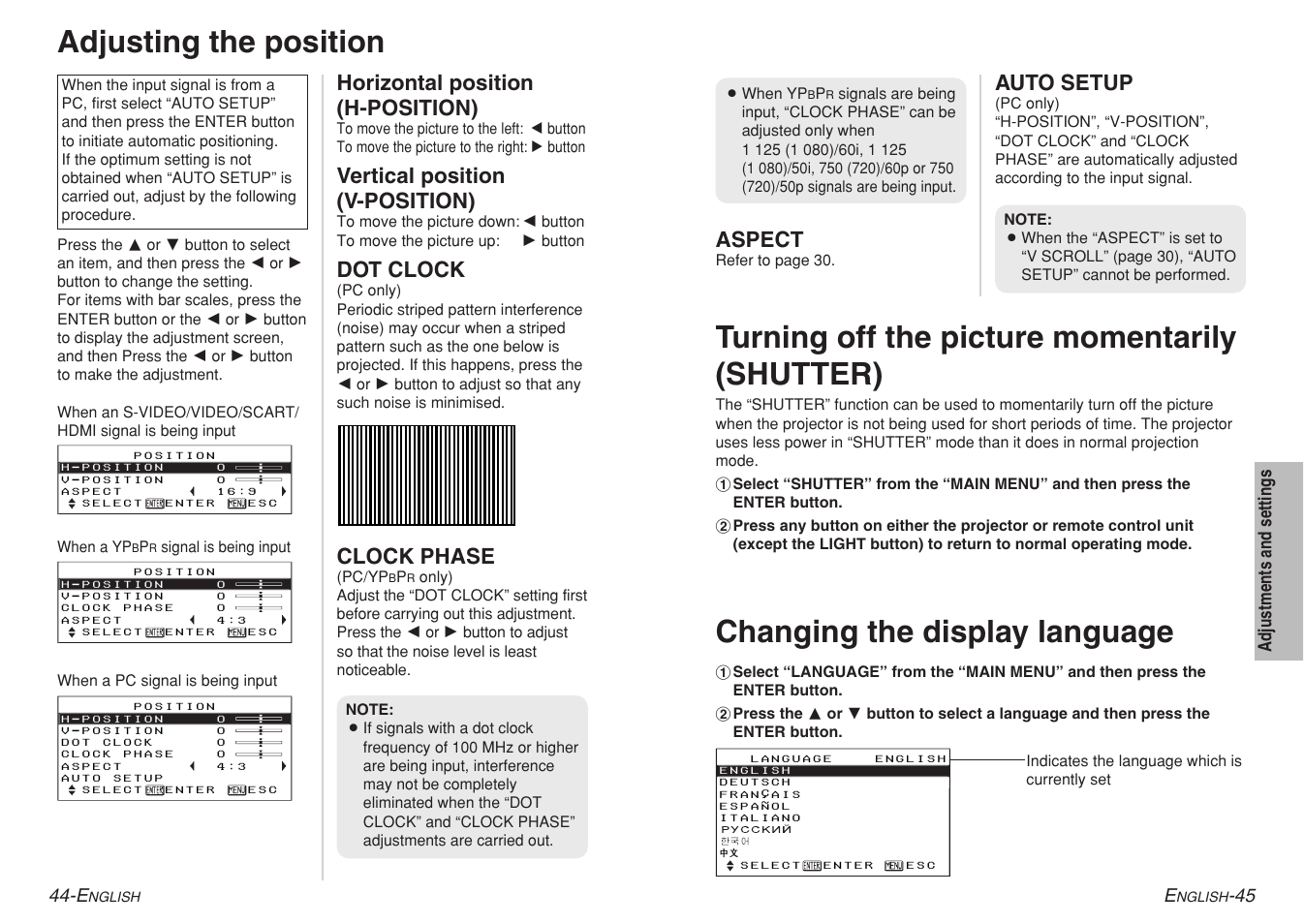 Adjusting the position, Changing the display language, Turning off the picture momentarily (shutter) | Horizontal position (h-position), Vertical position (v-position), Dot clock, Clock phase, Aspect, Auto setup | Panasonic PT-AE700 User Manual | Page 23 / 32