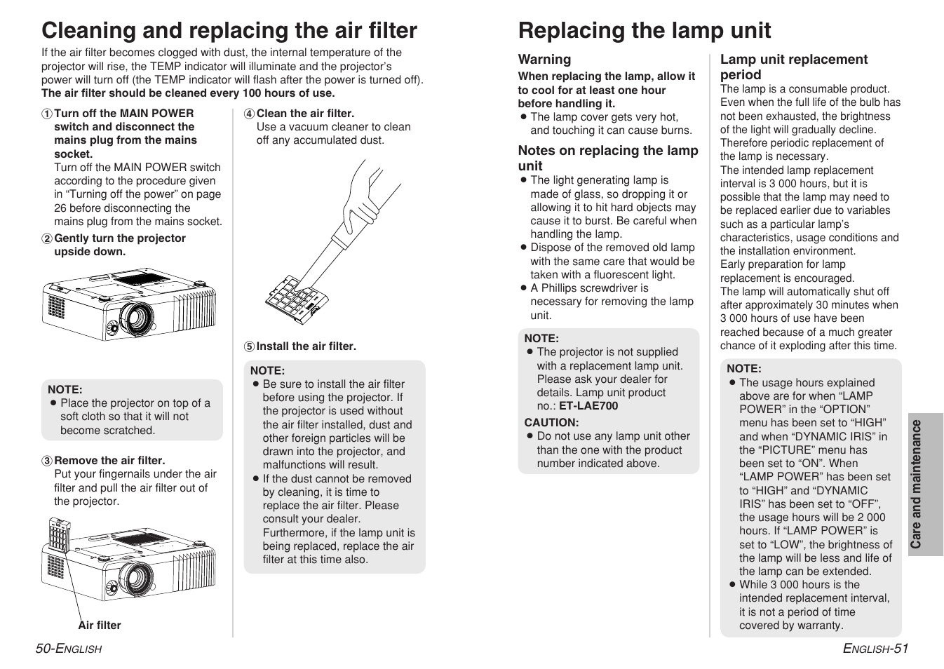 Cleaning and replacing the air filter, Replacing the lamp unit | Panasonic PT-AE700 User Manual | Page 26 / 32