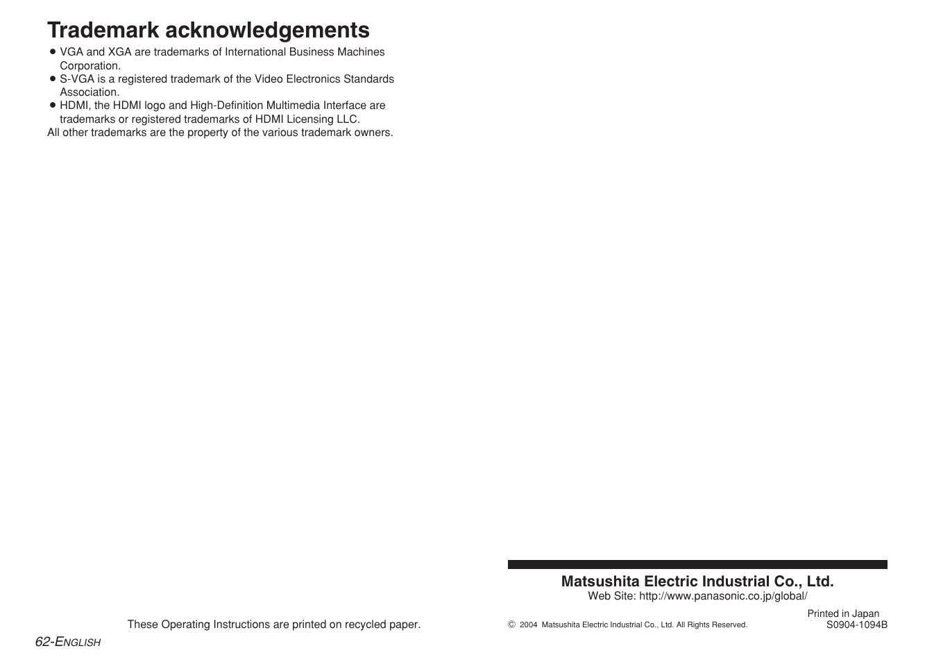 Trademark acknowledgements | Panasonic PT-AE700 User Manual | Page 32 / 32