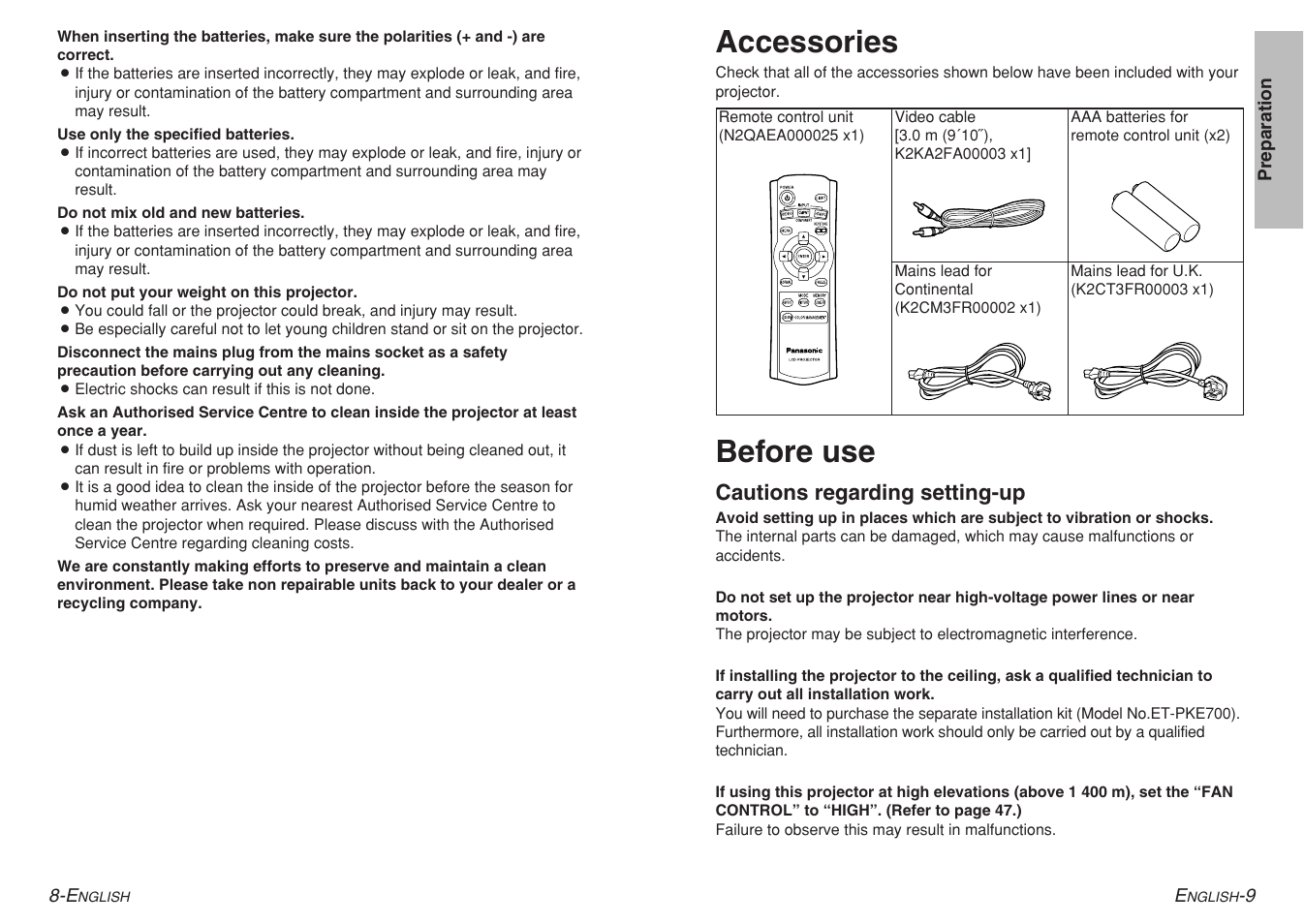 Accessories, Before use | Panasonic PT-AE700 User Manual | Page 5 / 32