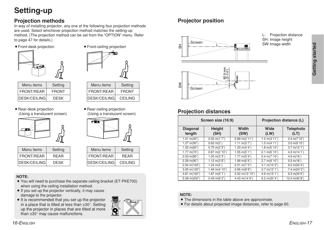 Setting-up, Projection distances, Projection methods | Projector position | Panasonic PT-AE700 User Manual | Page 9 / 32