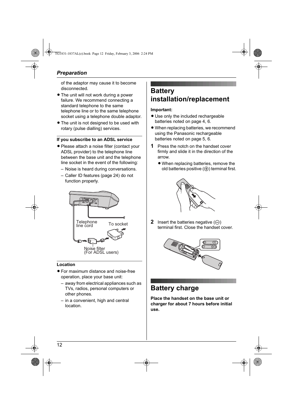 Battery installation/replacement, Battery charge, Battery installation/replacement battery charge | Panasonic KX-TG1837AL User Manual | Page 12 / 52
