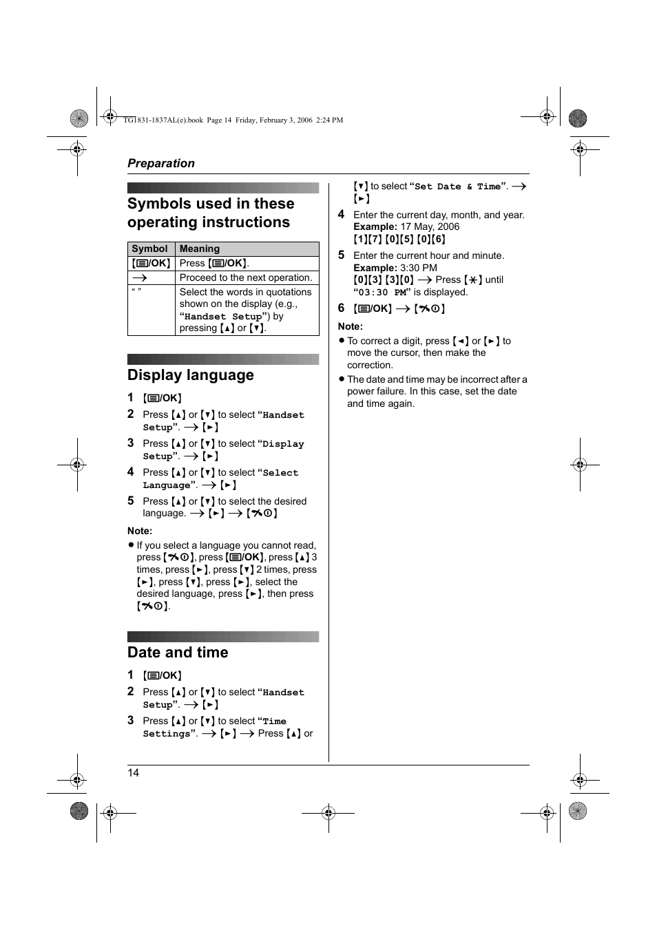 Symbols used in these operating instructions, Display language, Date and time | Panasonic KX-TG1837AL User Manual | Page 14 / 52