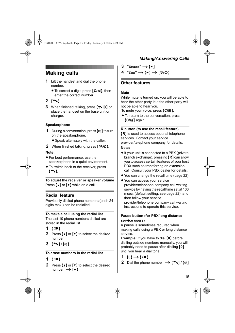 Making/answering calls, Making calls | Panasonic KX-TG1837AL User Manual | Page 15 / 52