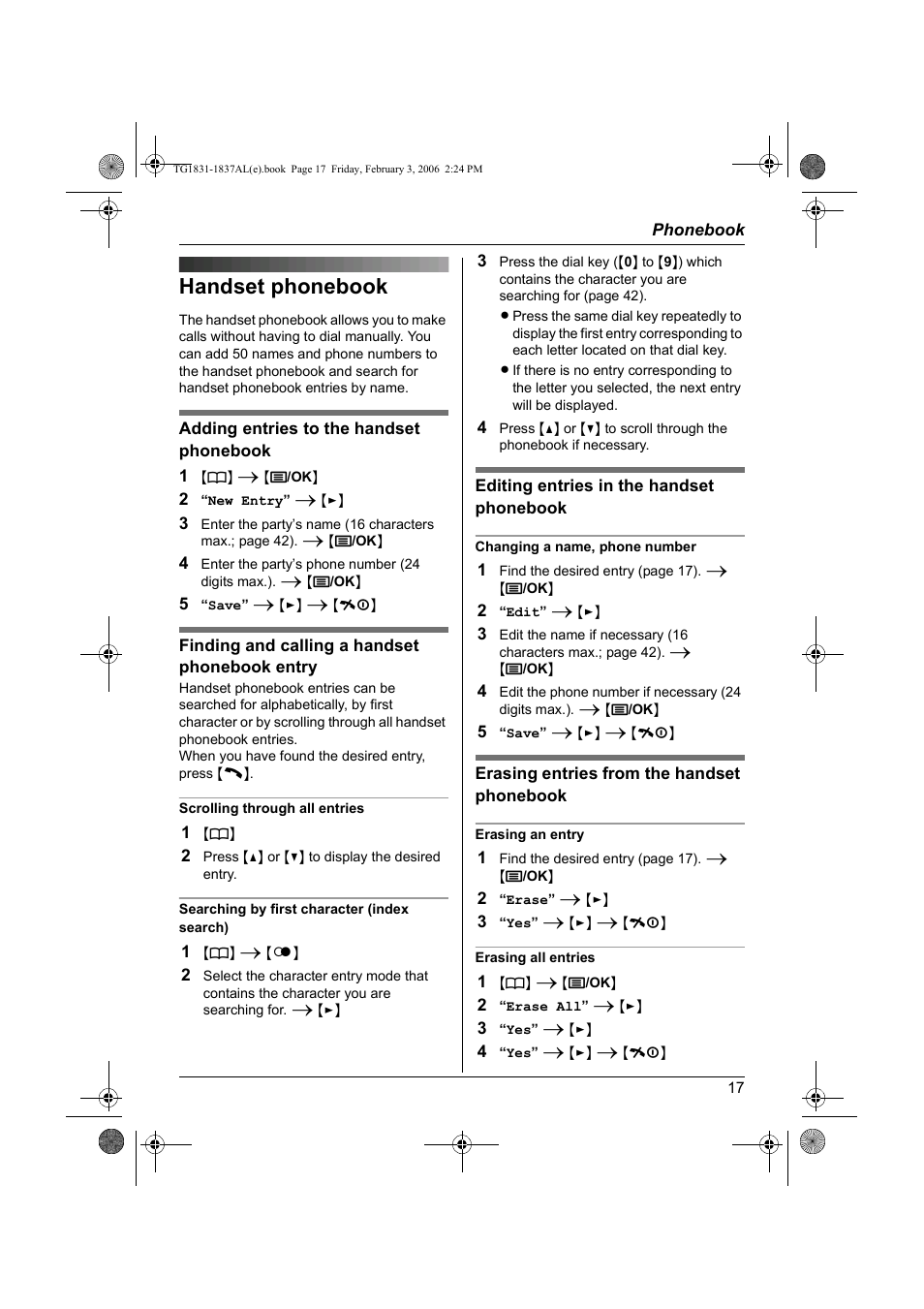 Phonebook, Handset phonebook | Panasonic KX-TG1837AL User Manual | Page 17 / 52