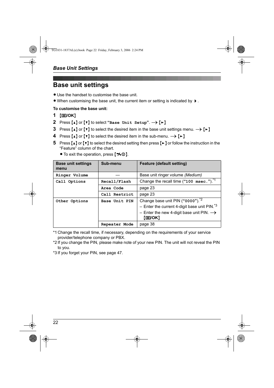 Base unit settings | Panasonic KX-TG1837AL User Manual | Page 22 / 52
