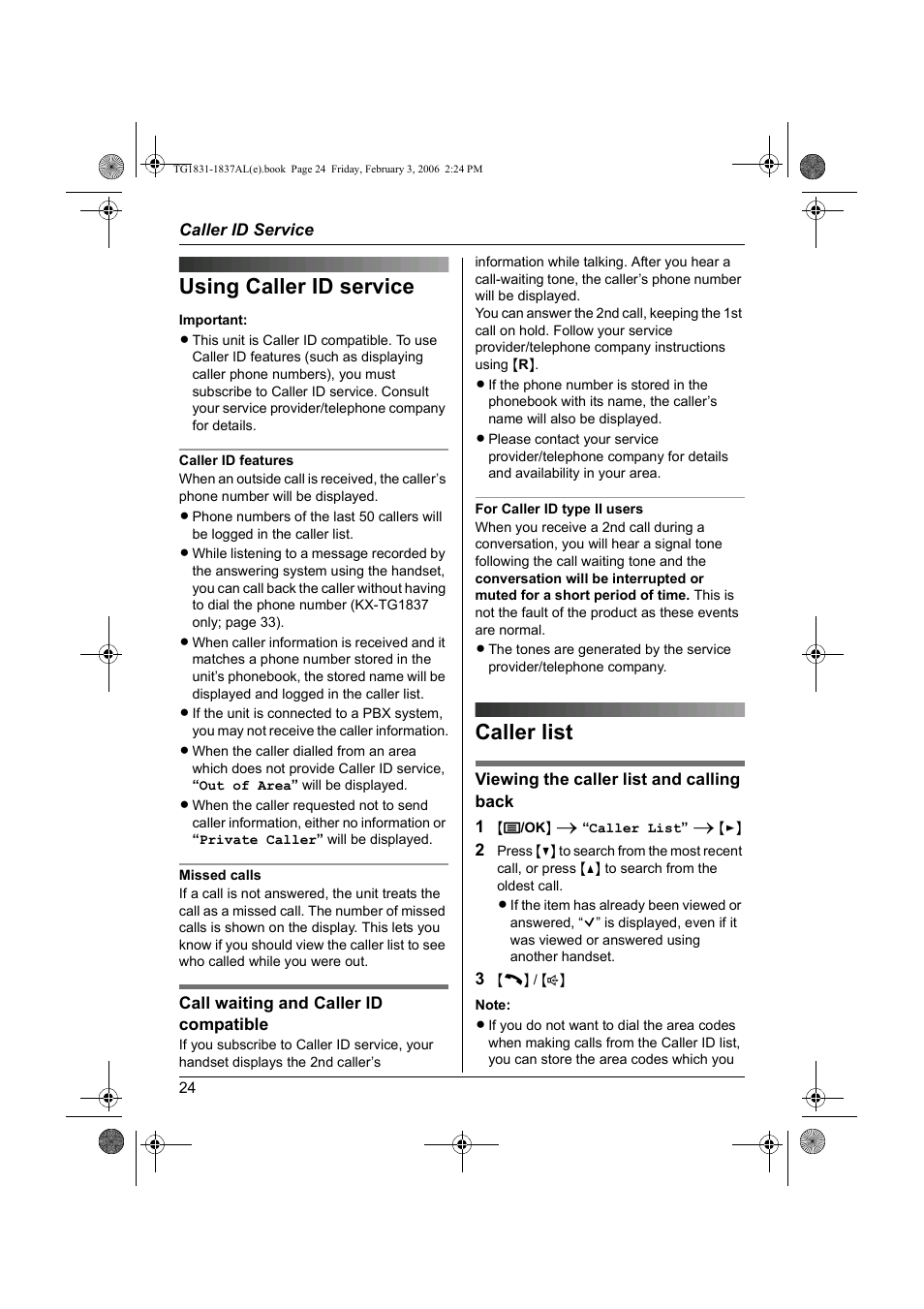 Caller id service, Using caller id service, Caller list | Using caller id service caller list | Panasonic KX-TG1837AL User Manual | Page 24 / 52