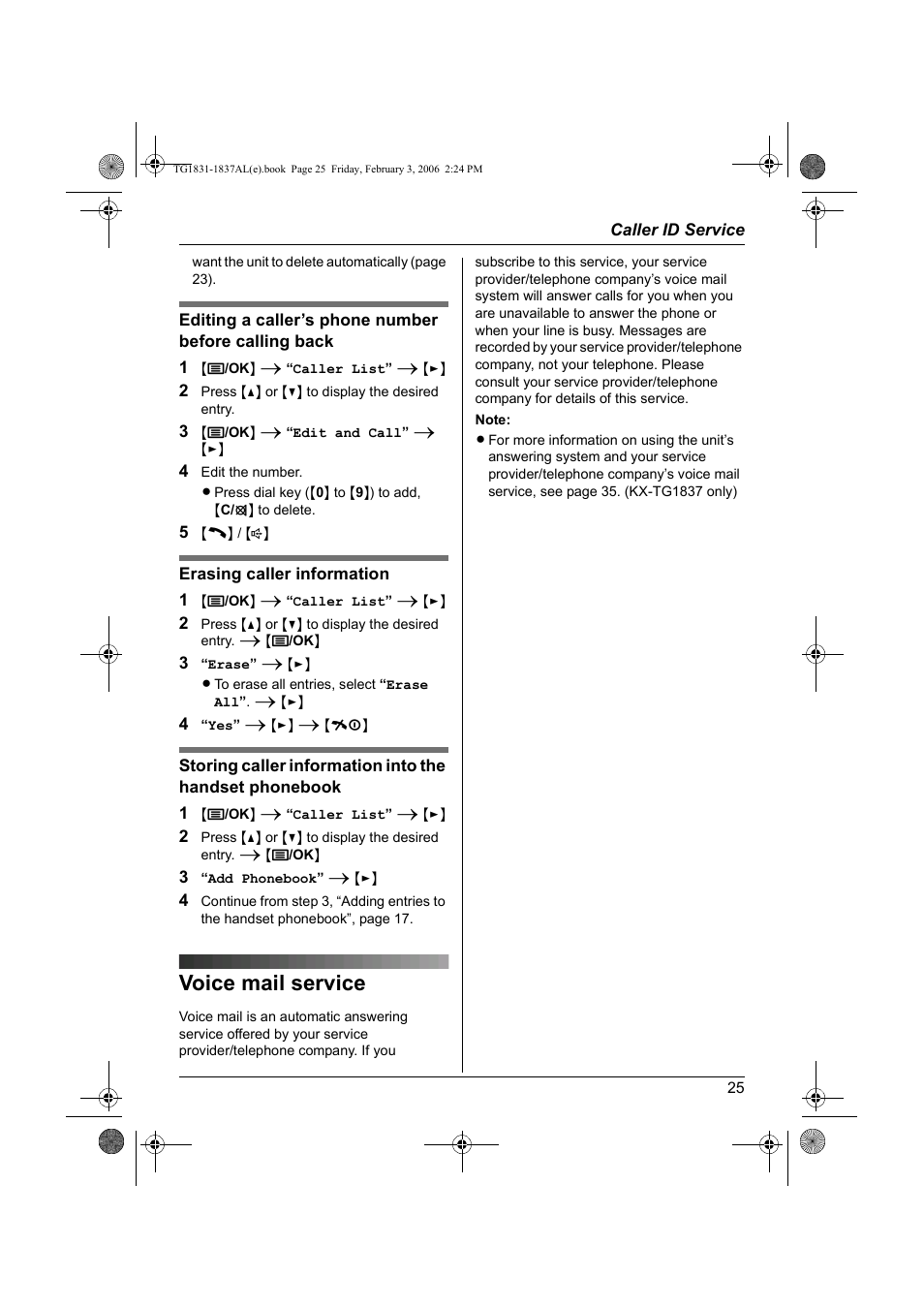 Voice mail service | Panasonic KX-TG1837AL User Manual | Page 25 / 52