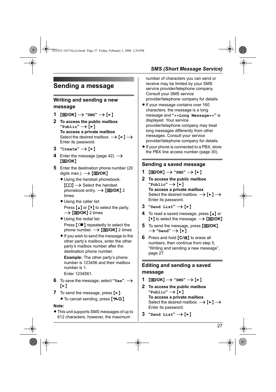 Sending a message | Panasonic KX-TG1837AL User Manual | Page 27 / 52