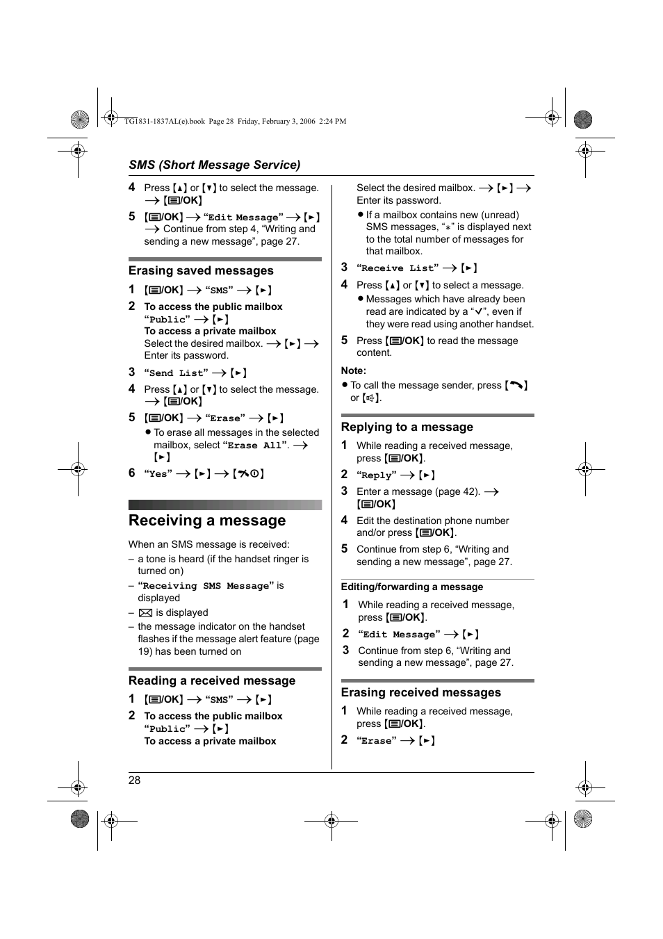 Receiving a message | Panasonic KX-TG1837AL User Manual | Page 28 / 52
