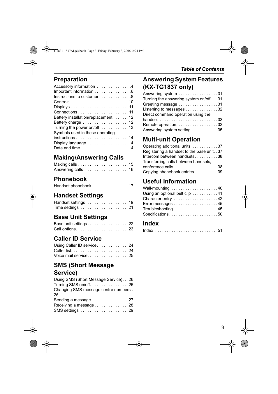 Panasonic KX-TG1837AL User Manual | Page 3 / 52