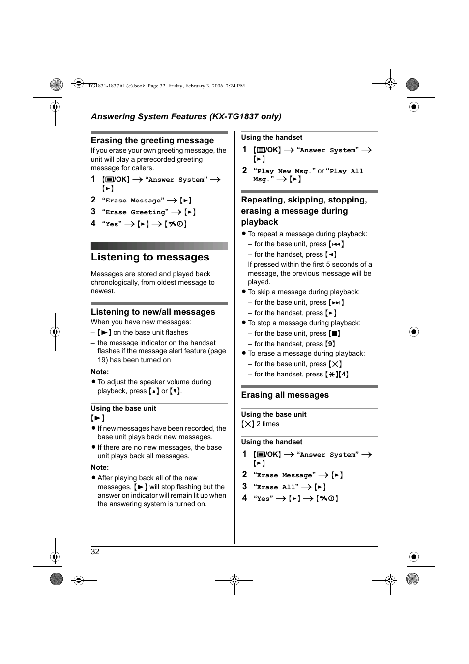 Listening to messages | Panasonic KX-TG1837AL User Manual | Page 32 / 52