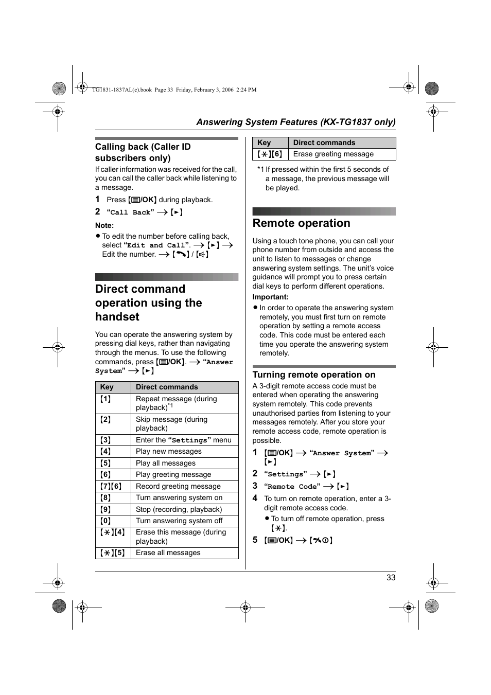 Direct command operation using the handset, Remote operation | Panasonic KX-TG1837AL User Manual | Page 33 / 52