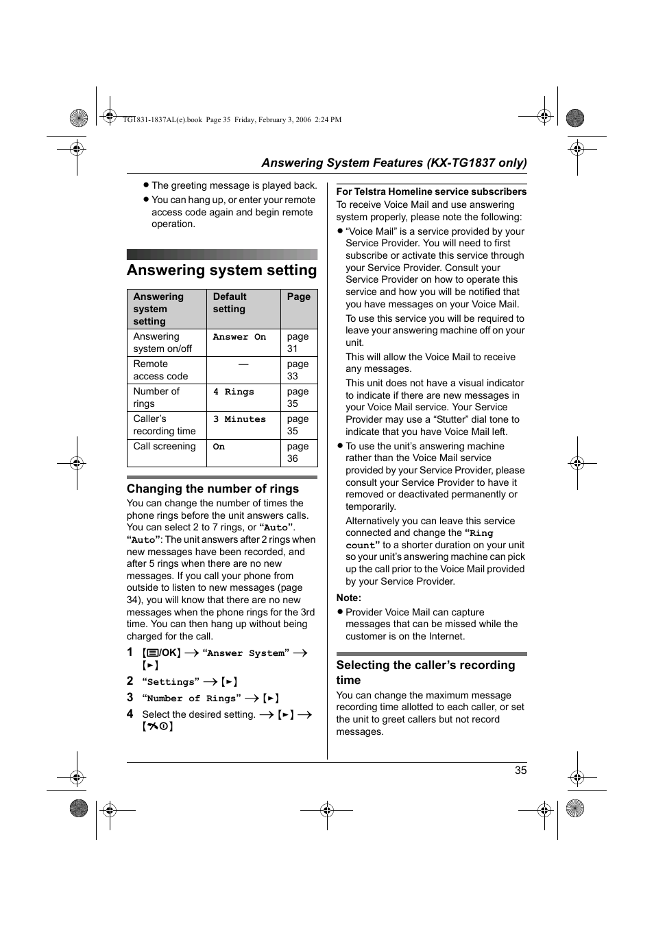 Answering system setting | Panasonic KX-TG1837AL User Manual | Page 35 / 52