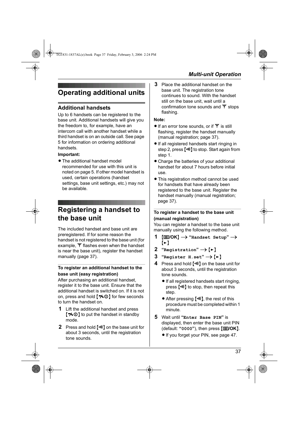 Multi-unit operation, Operating additional units, Registering a handset to the base unit | Panasonic KX-TG1837AL User Manual | Page 37 / 52