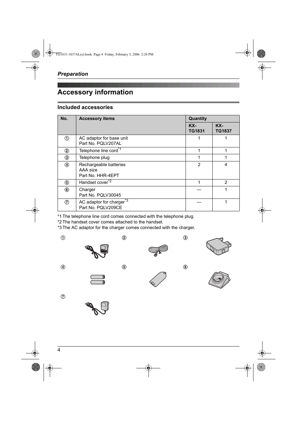 Preparation, Accessory information | Panasonic KX-TG1837AL User Manual | Page 4 / 52