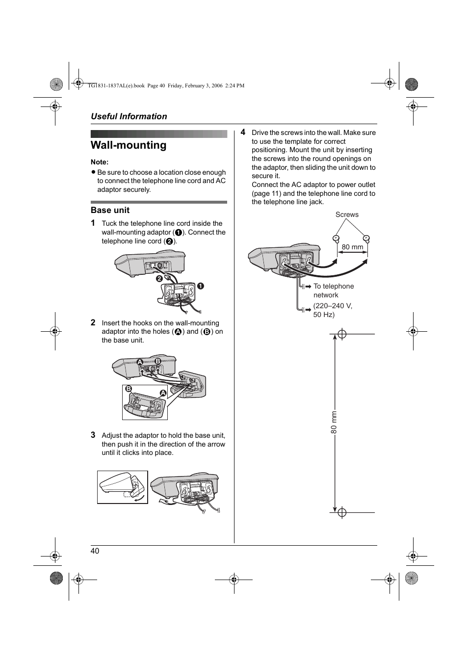 Useful information, Wall-mounting | Panasonic KX-TG1837AL User Manual | Page 40 / 52