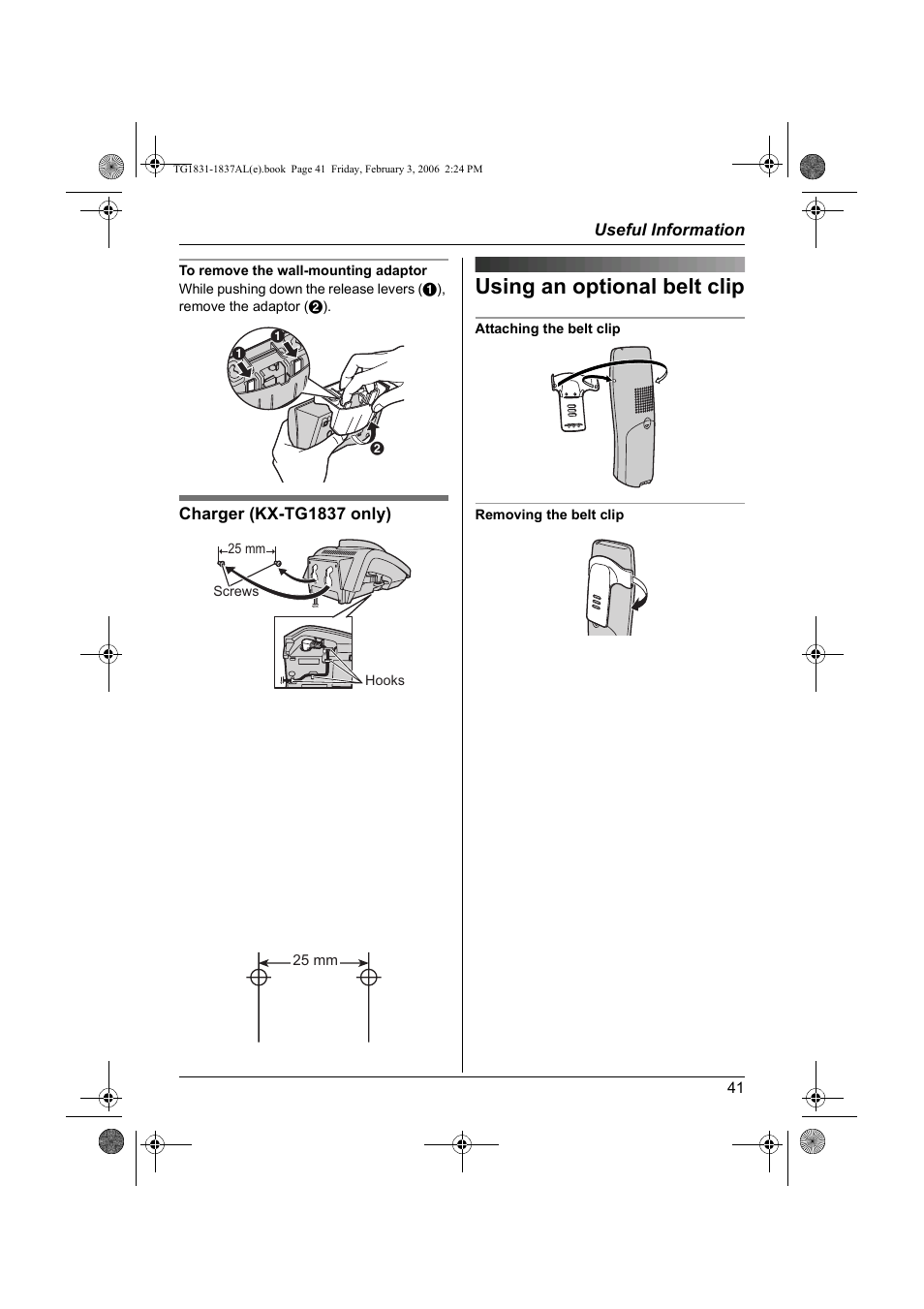 Using an optional belt clip | Panasonic KX-TG1837AL User Manual | Page 41 / 52