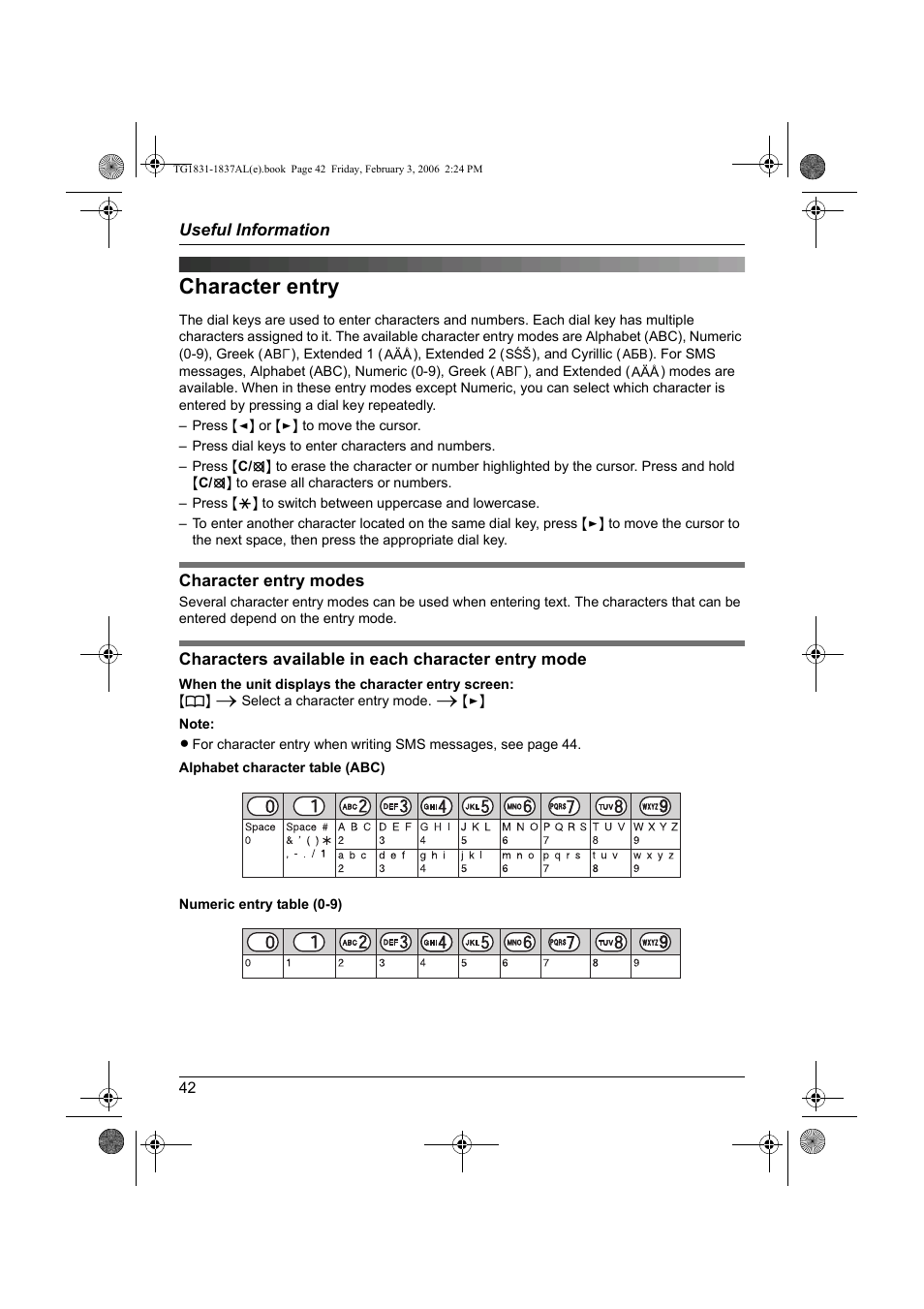 Character entry | Panasonic KX-TG1837AL User Manual | Page 42 / 52