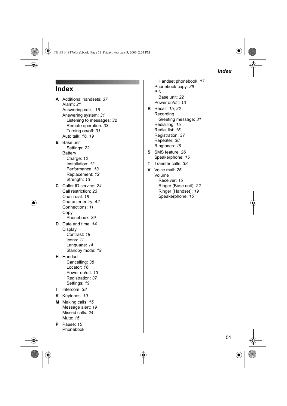 Index | Panasonic KX-TG1837AL User Manual | Page 51 / 52