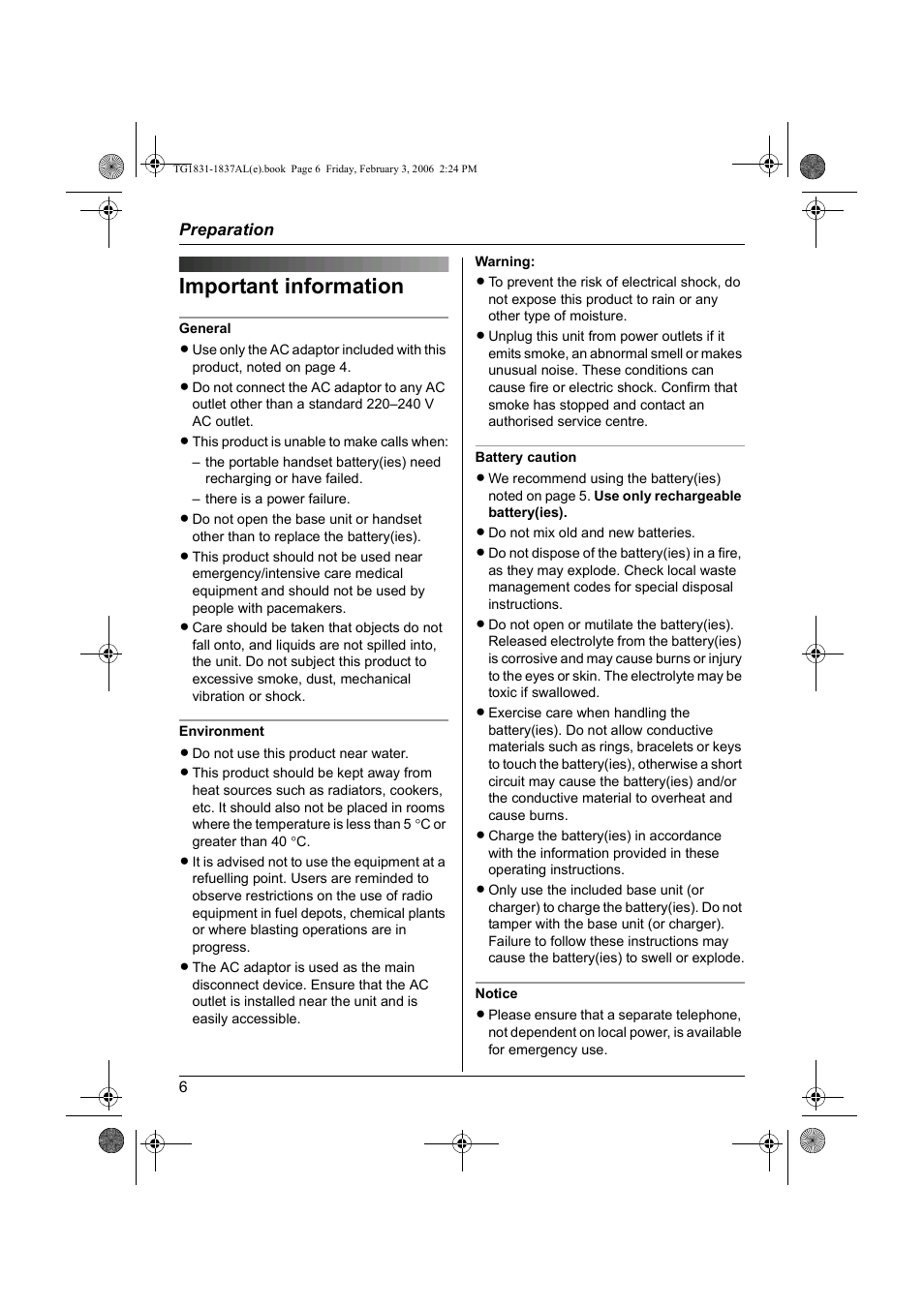Important information | Panasonic KX-TG1837AL User Manual | Page 6 / 52