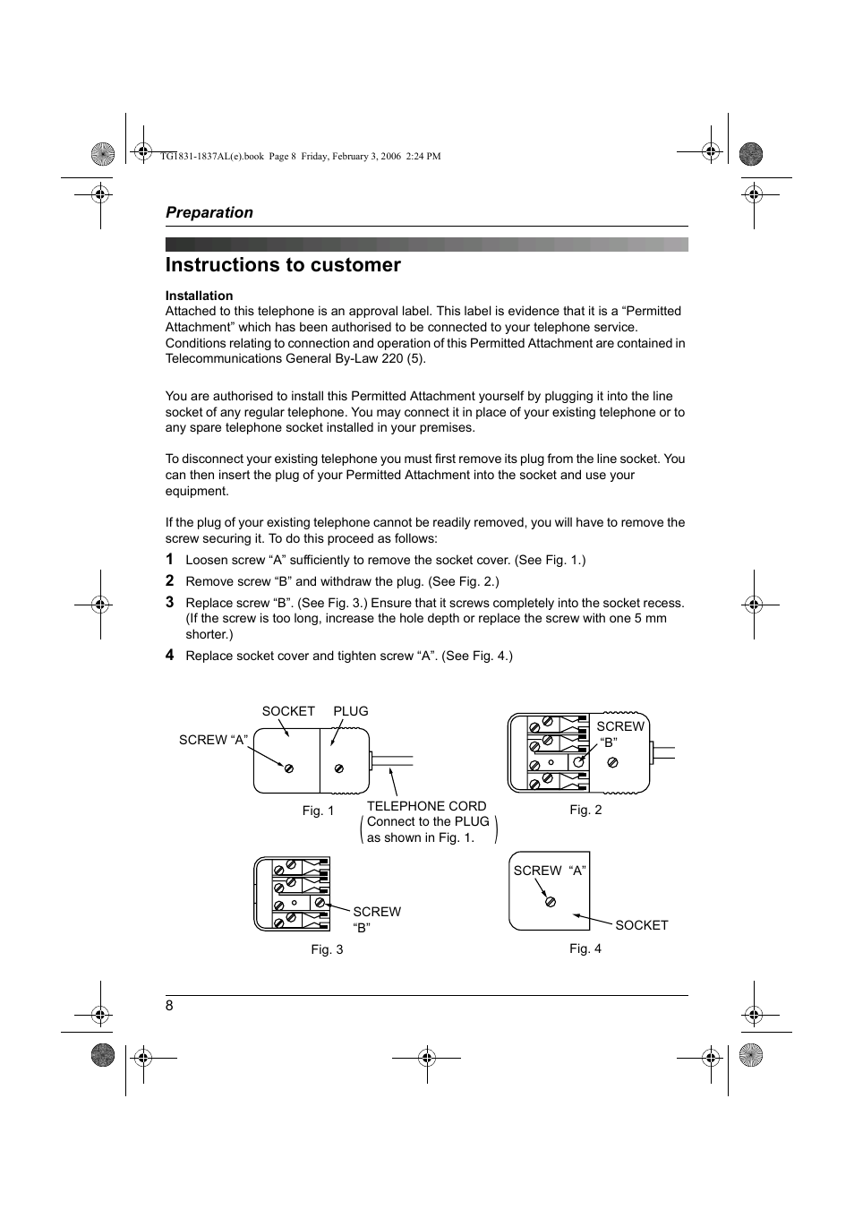 Instructions to customer | Panasonic KX-TG1837AL User Manual | Page 8 / 52