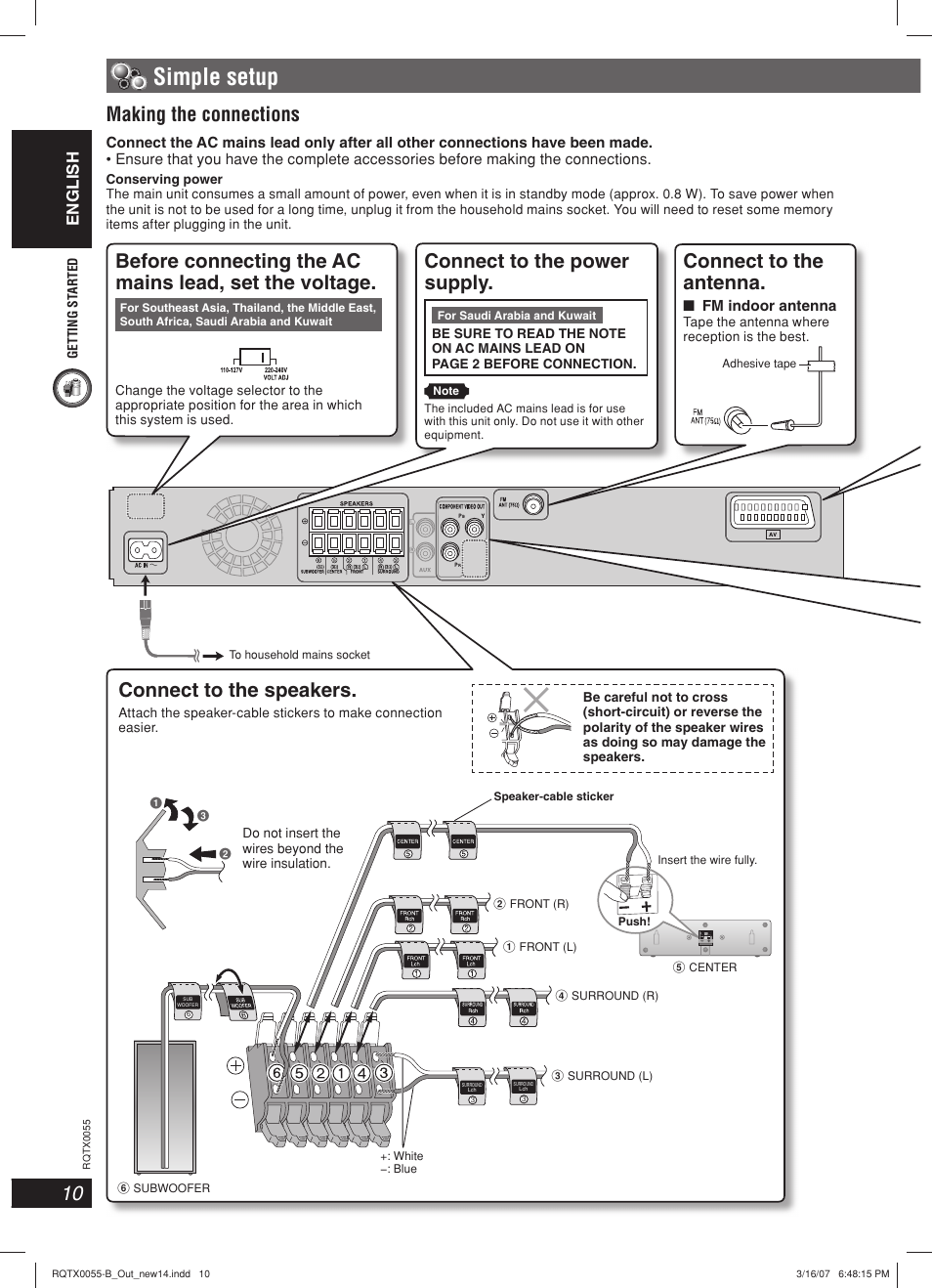 Simple setup, Making the connections, Connect to the speakers | Connect to the antenna, Connect to the power supply, English | Panasonic SC-PT 250 User Manual | Page 10 / 40
