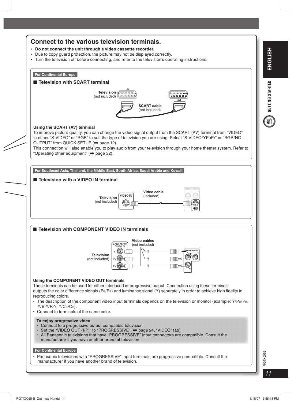 Connect to the various television terminals, English | Panasonic SC-PT 250 User Manual | Page 11 / 40
