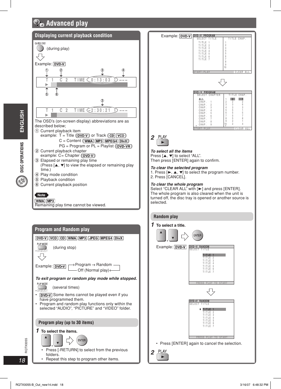 Advanced play, English, Program and random play | Displaying current playback condition | Panasonic SC-PT 250 User Manual | Page 18 / 40