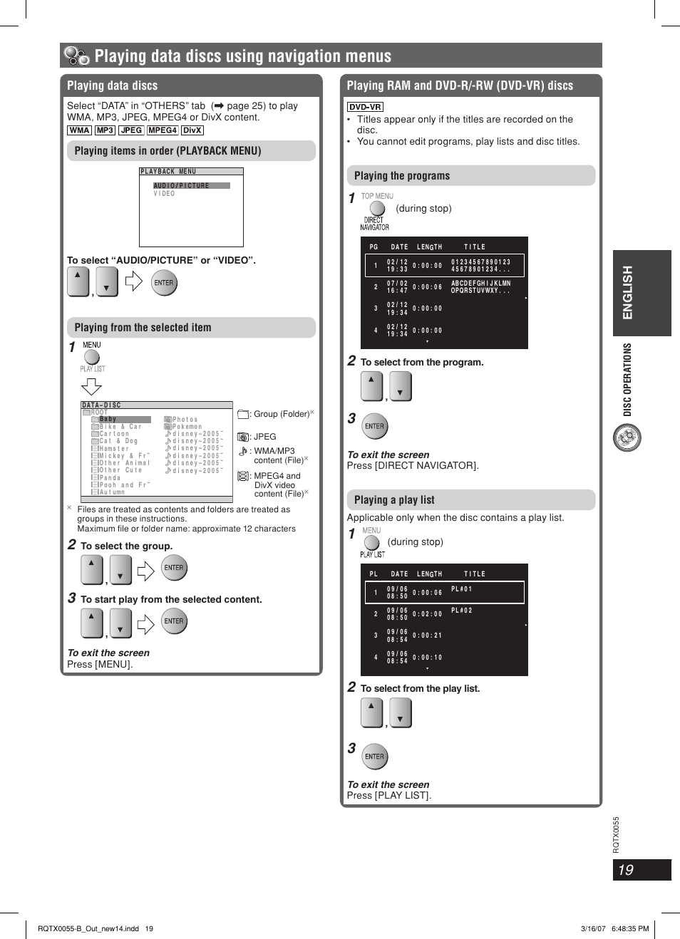 Playing data discs using navigation menus, English, Playing data discs | Playing ram and dvd-r/-rw (dvd-vr) discs, Playing items in order (playback menu), Playing from the selected item, Playing the programs, Playing a play list | Panasonic SC-PT 250 User Manual | Page 19 / 40