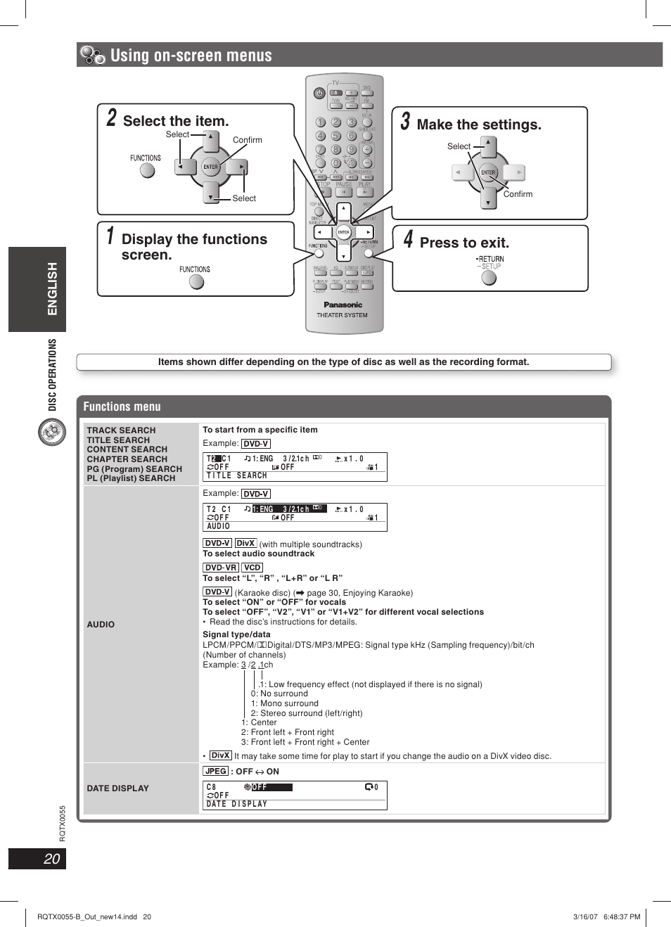 Using on-screen menus, Display the functions screen, Press to exit | Select the item, Make the settings, English, Functions menu | Panasonic SC-PT 250 User Manual | Page 20 / 40