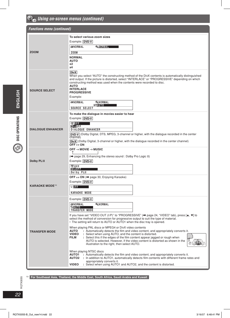Using on-screen menus (continued), English, Functions menu (continued) | Panasonic SC-PT 250 User Manual | Page 22 / 40