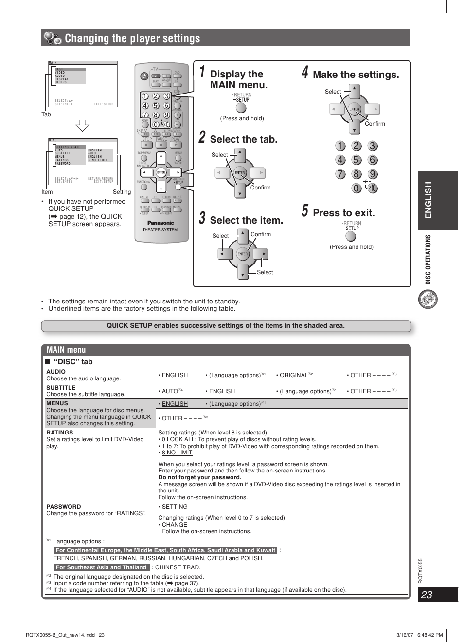Changing the player settings, Display the main menu, Select the tab | Select the item, Make the settings, Press to exit, English, Main menu, Disc” tab | Panasonic SC-PT 250 User Manual | Page 23 / 40