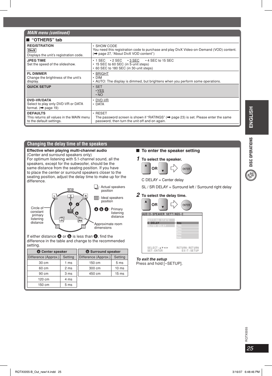 English, Changing the delay time of the speakers | Panasonic SC-PT 250 User Manual | Page 25 / 40