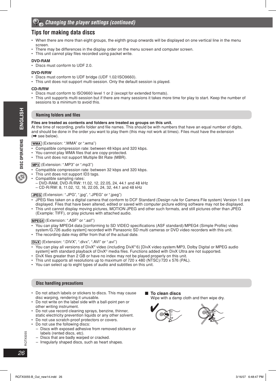 Tips for making data discs, Changing the player settings (continued), English | Panasonic SC-PT 250 User Manual | Page 26 / 40