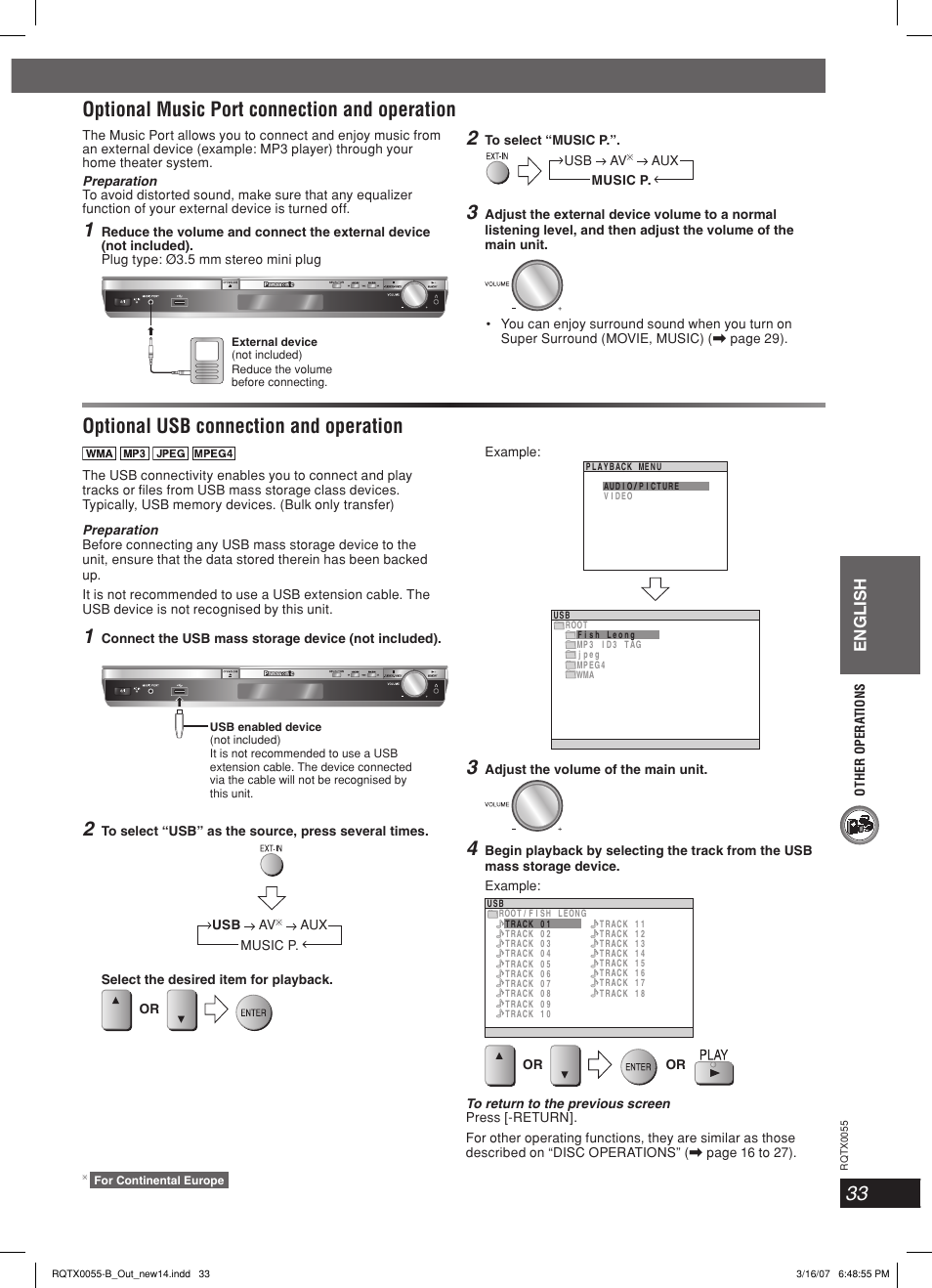 Optional music port connection and operation, Optional music port connection and operation 2, Optional usb connection and operation | English | Panasonic SC-PT 250 User Manual | Page 33 / 40