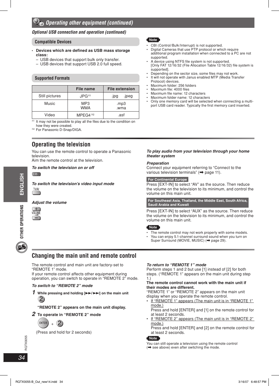 Operating the television, Changing the main unit and remote control, Operating other equipment (continued) | English | Panasonic SC-PT 250 User Manual | Page 34 / 40