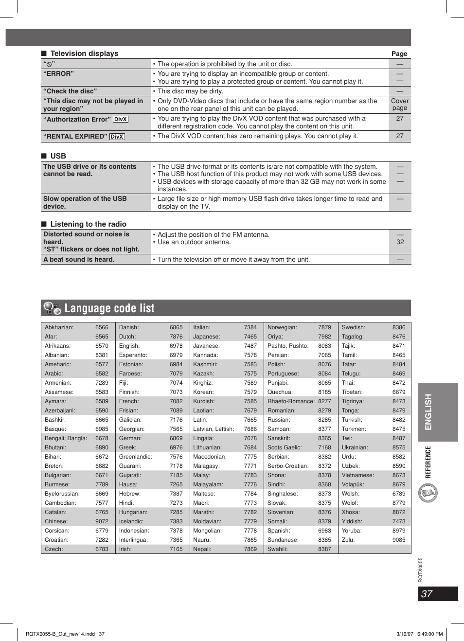 Language code list, English, Television displays | Listening to the radio | Panasonic SC-PT 250 User Manual | Page 37 / 40