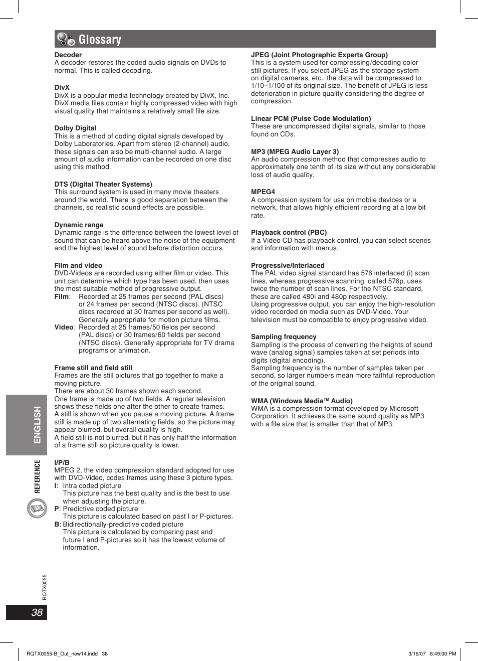 Glossary, English | Panasonic SC-PT 250 User Manual | Page 38 / 40