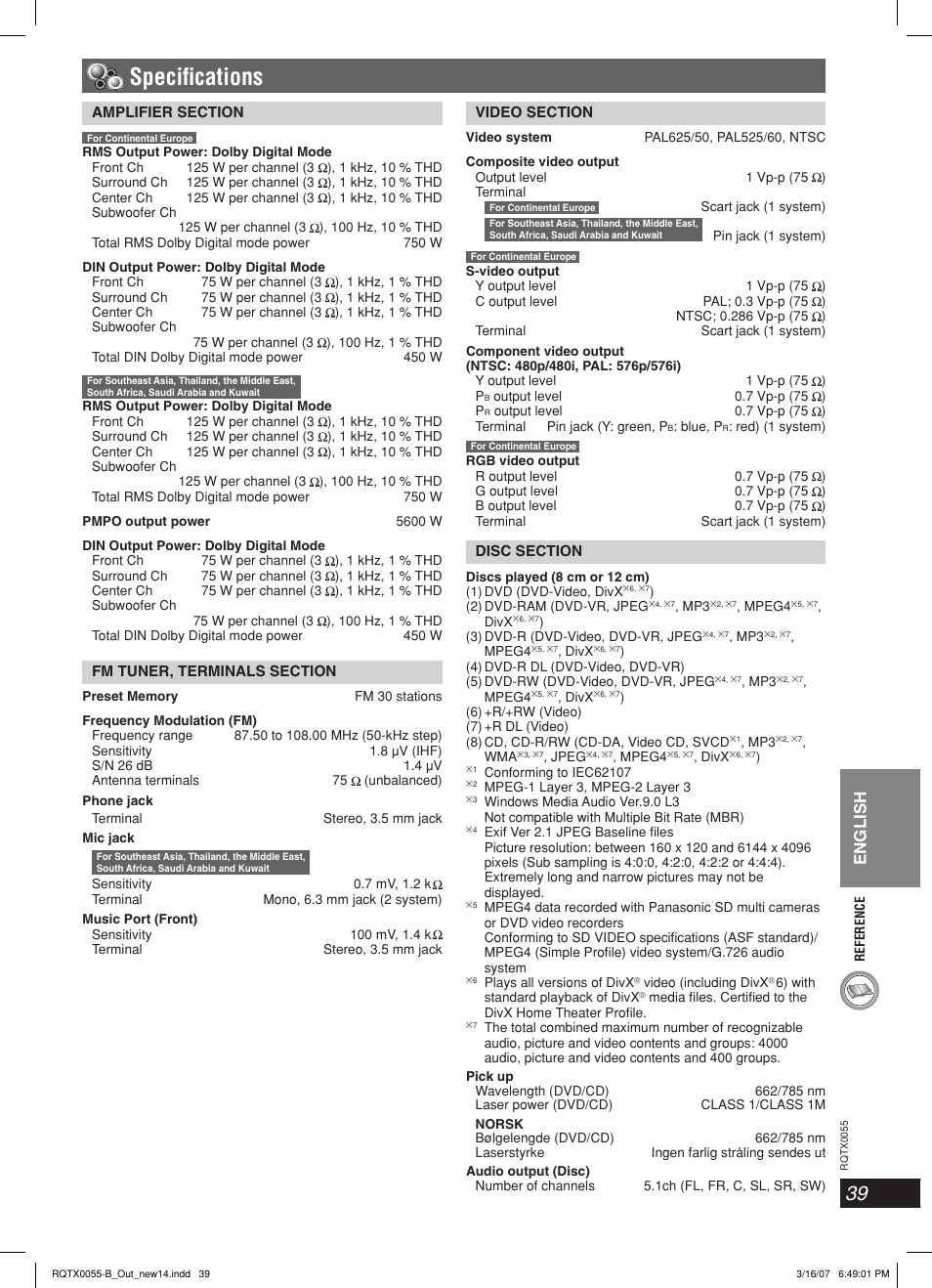 Specifi cations, English | Panasonic SC-PT 250 User Manual | Page 39 / 40