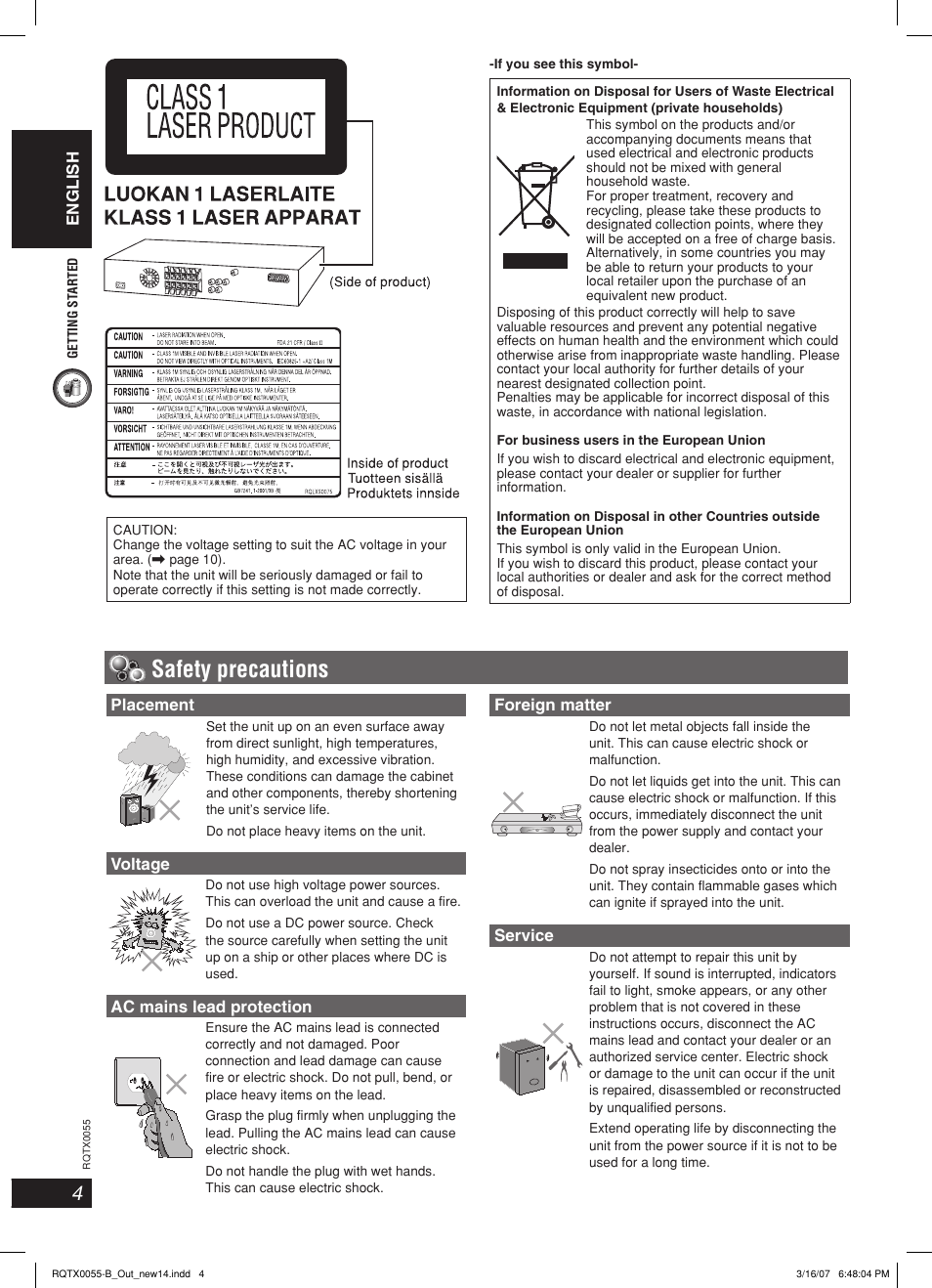 Safety precautions | Panasonic SC-PT 250 User Manual | Page 4 / 40