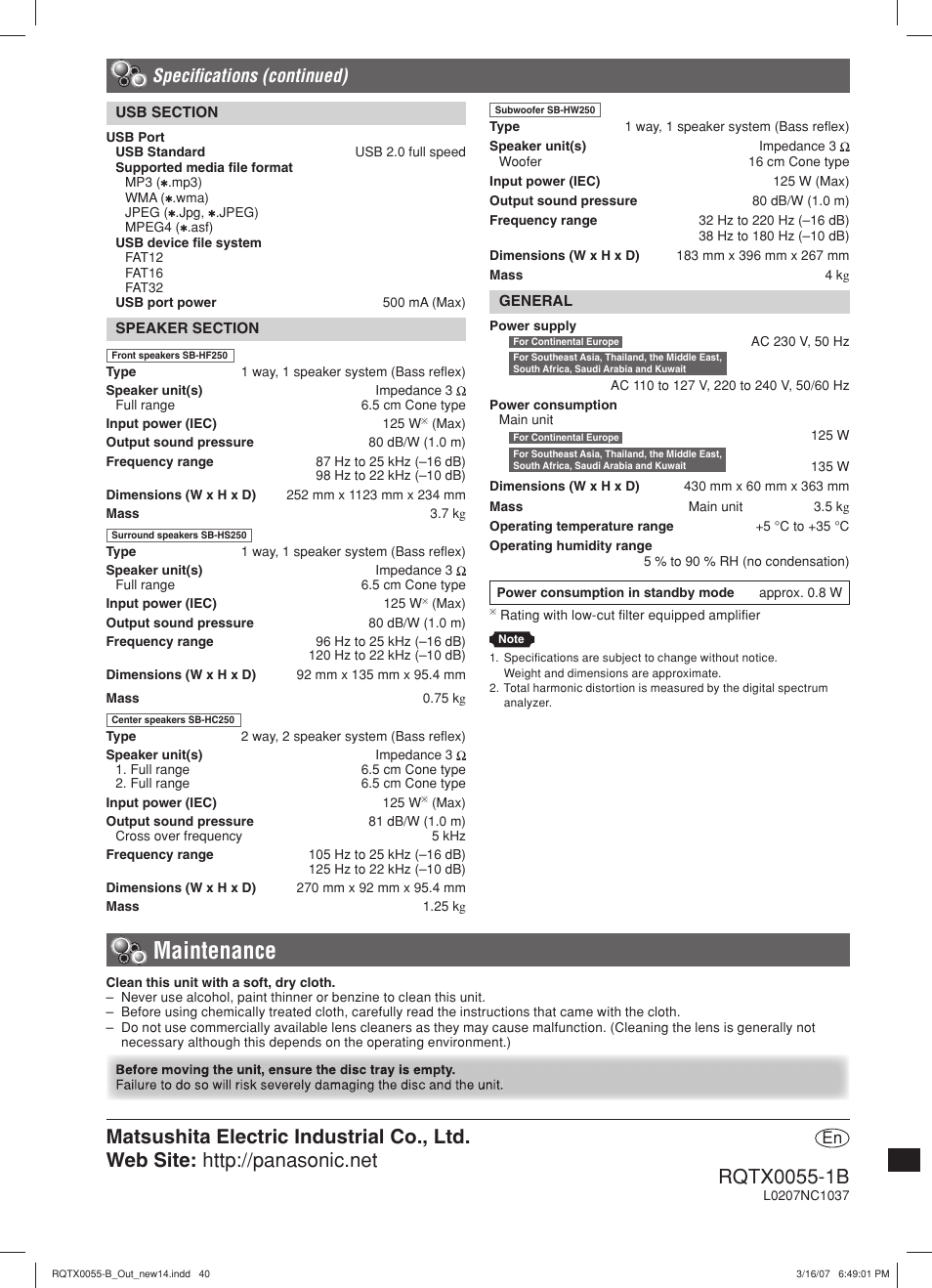 Maintenance, Specifi cations (continued) | Panasonic SC-PT 250 User Manual | Page 40 / 40