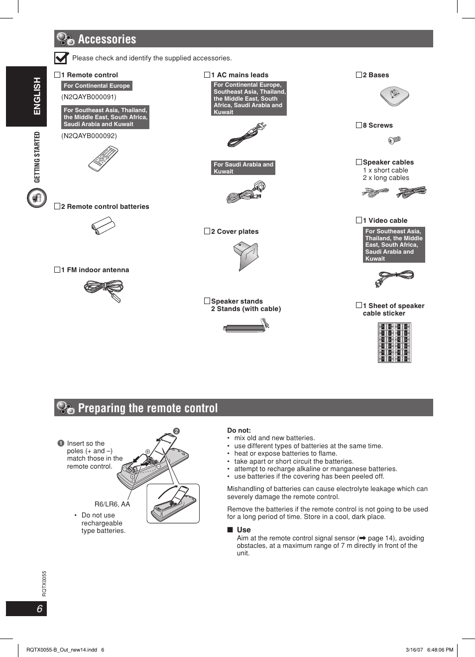 Preparing the remote control, Accessories, English | Getting st ar ted, 1 sheet of speaker cable sticker, 1 ac mains leads, For continental europe, For saudi arabia and kuwait | Panasonic SC-PT 250 User Manual | Page 6 / 40
