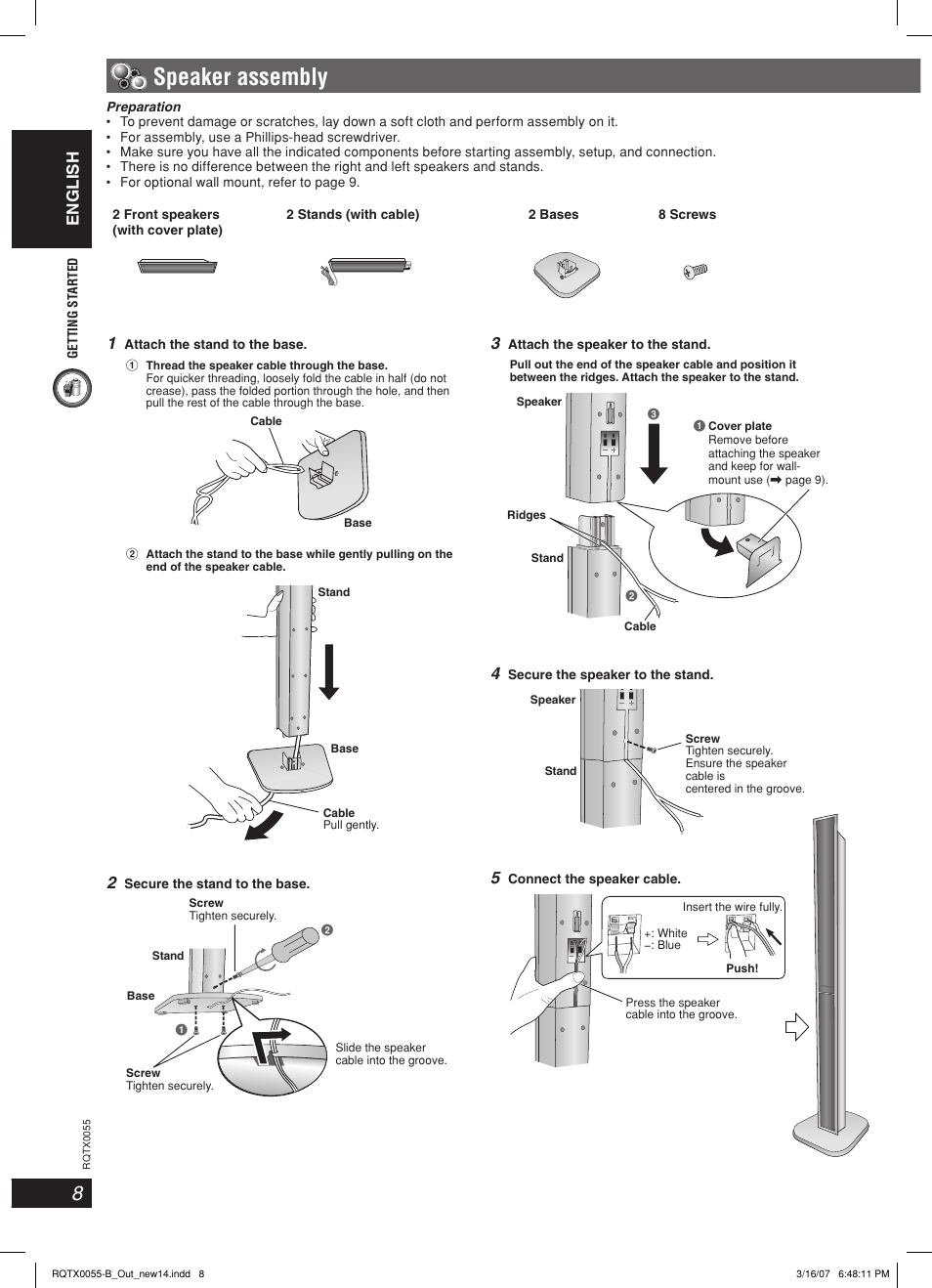 Speaker assembly, English | Panasonic SC-PT 250 User Manual | Page 8 / 40