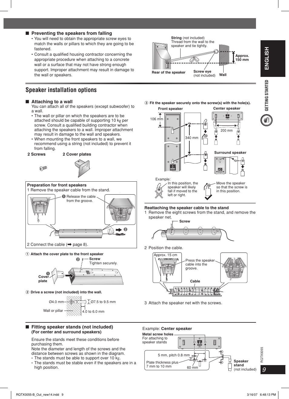 Speaker installation options, English | Panasonic SC-PT 250 User Manual | Page 9 / 40