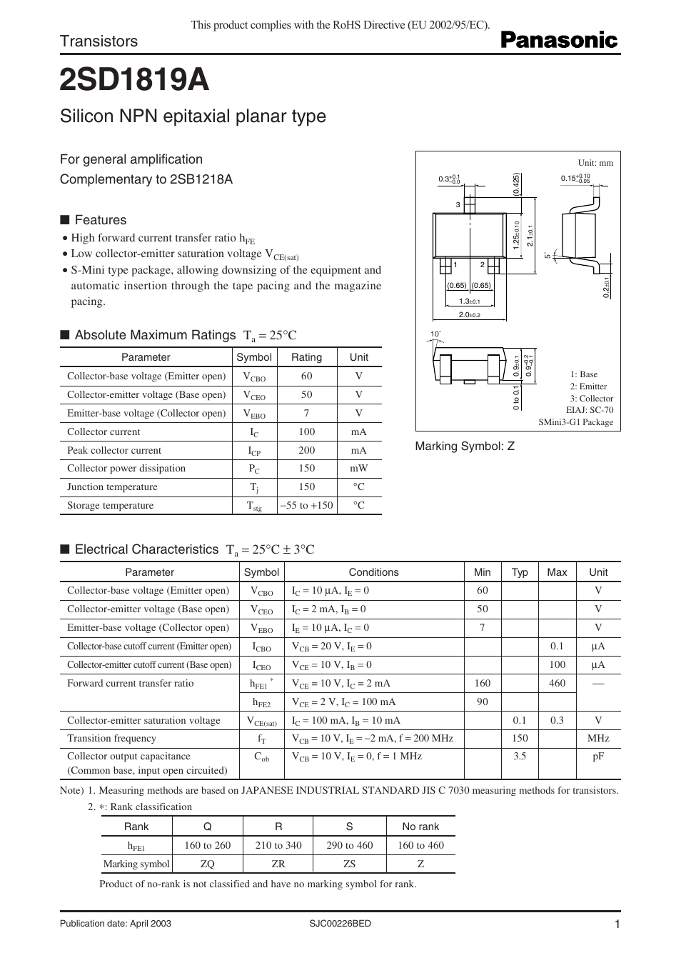 Panasonic 2SD1819A User Manual | 3 pages